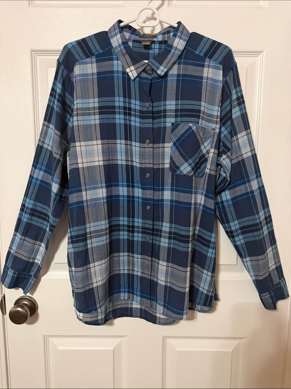 Eddie Bauer Navy and Light Blue Plaid Button-Down Shirt